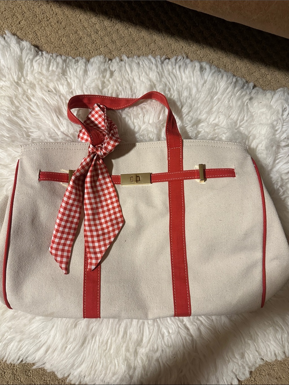 Boatkin style - Canvas Tote Bag with Red Trim and Gingham Accent